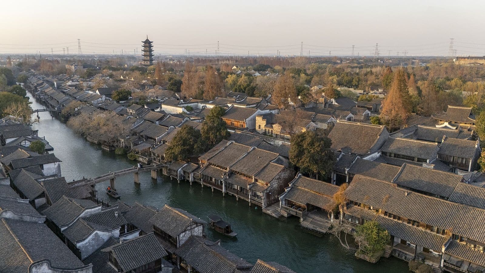 Aerial view of the canals and old houses of Wuzhen water town