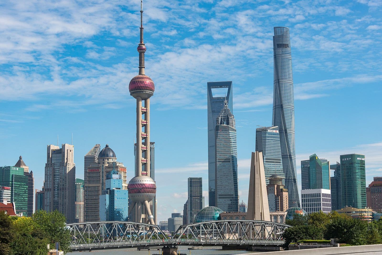 The Pudong skyline and Waibaidu Bridge seen from Huangpu Park on the Bund