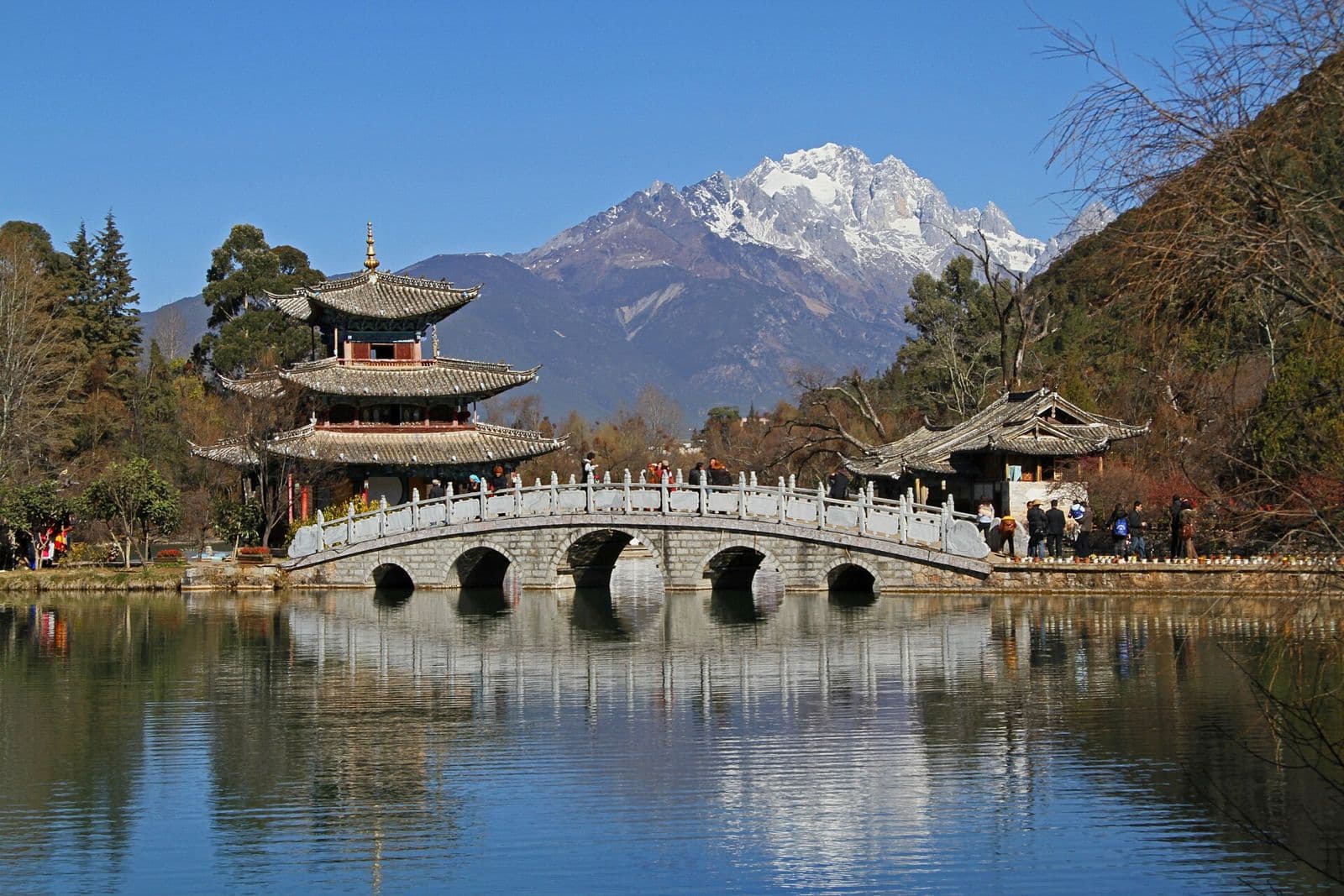 Black Dragon Pool in Lijiang with Jade Dragon Snow Mountain behind