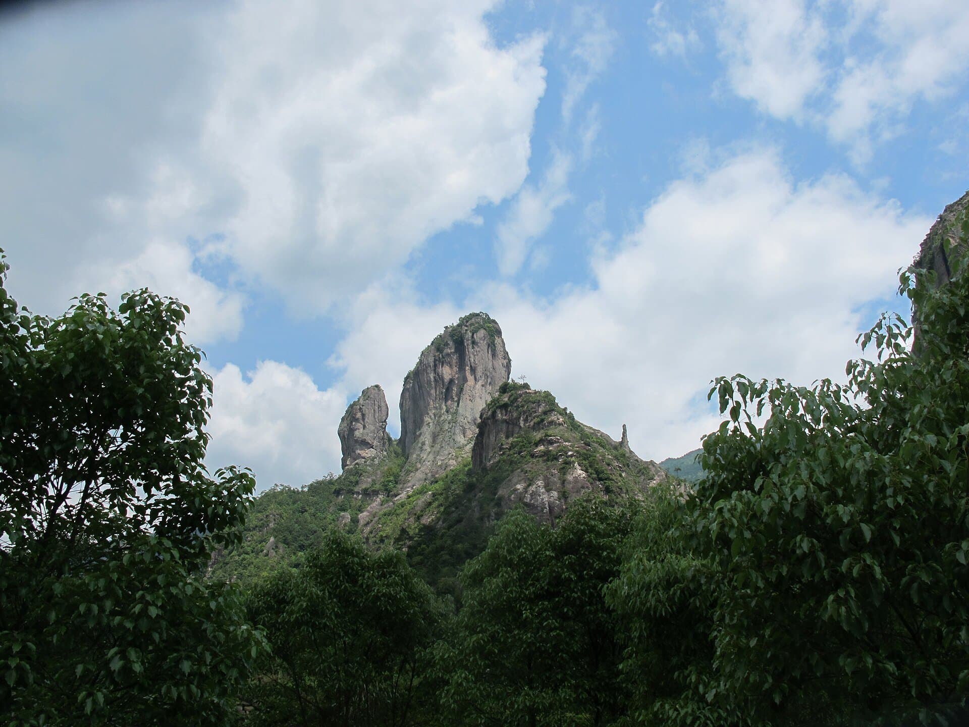 Jagged rock pinnacles of Yandang Mountain rise above leafy green forest under a bright blue sky with white clouds