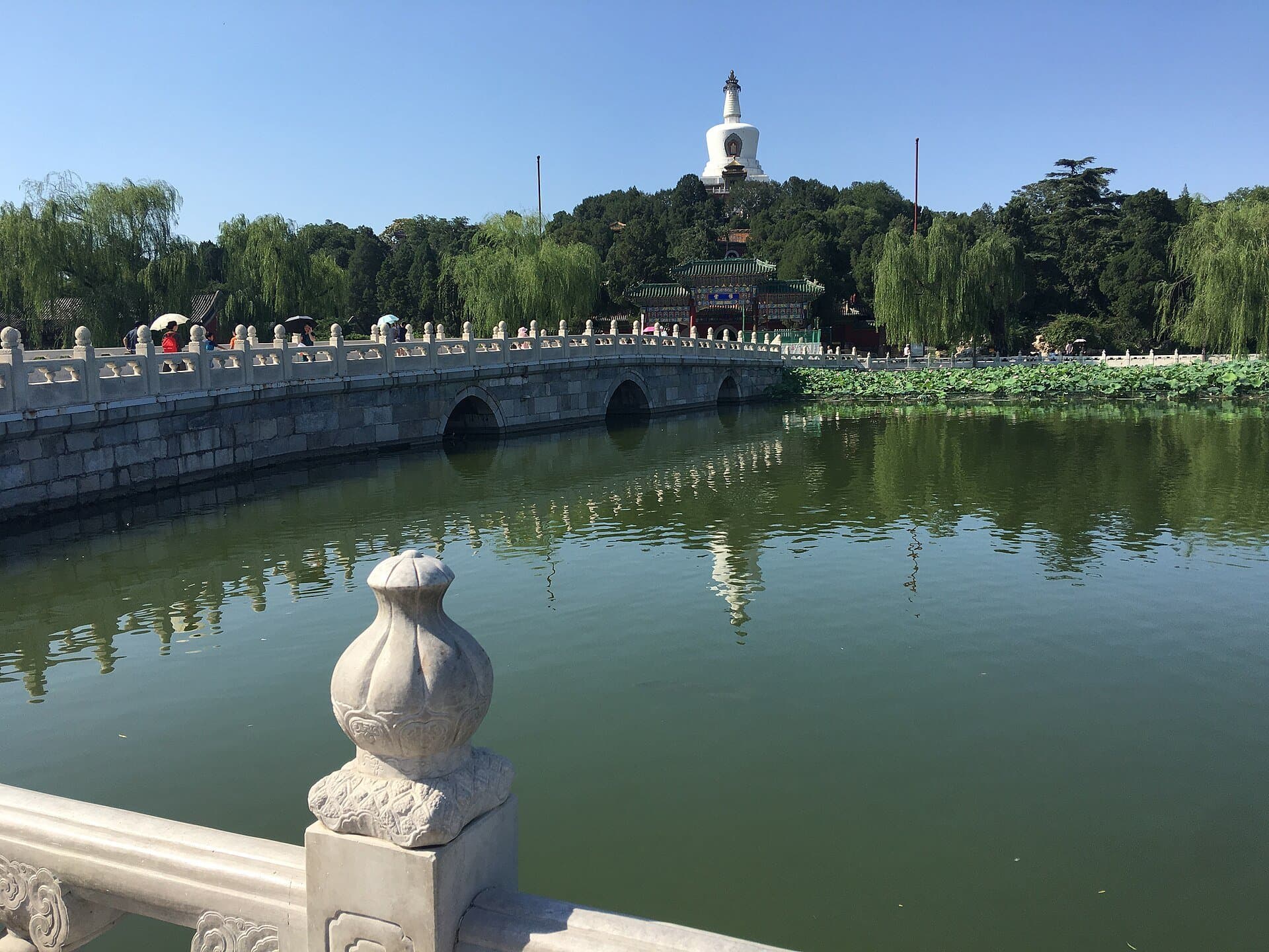 The White Dagoba on Jade Island in Beihai Park rising above willows, with a marble bridge and lotus leaves on the lake